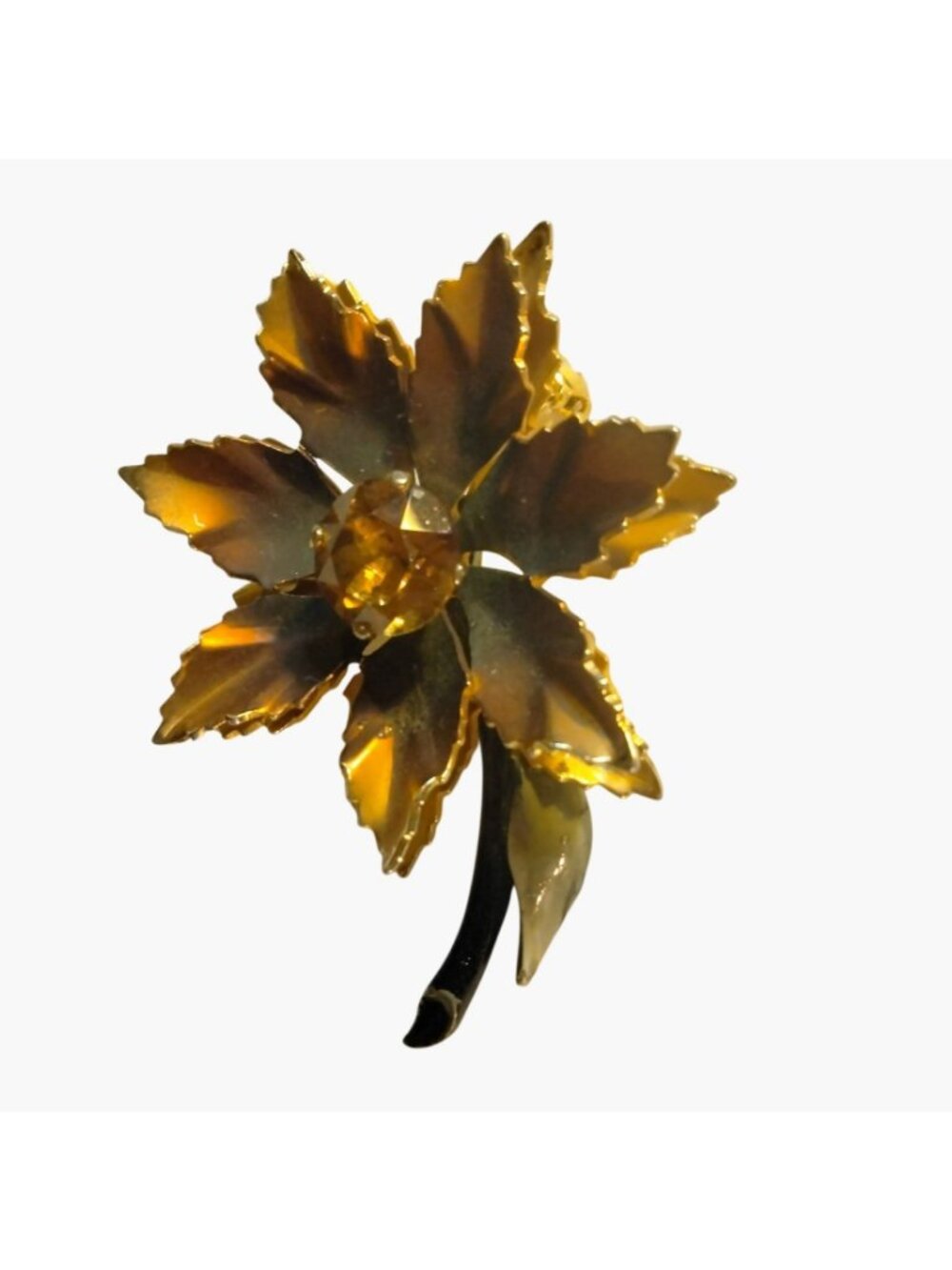 Flower Brooch Amber Rhinestone Vintage Gold Toned Enamel Stem - Picture 2 of 6